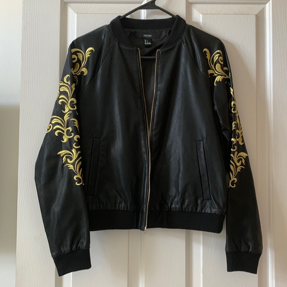 Faux leather bomber jacket with golden stitching embellishments